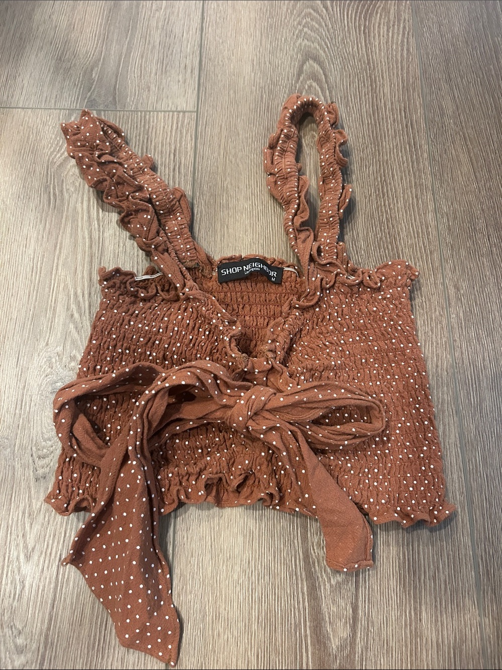 Shop Neighbor Rust Polka Dot Ruffle Tie-Front Crop Top